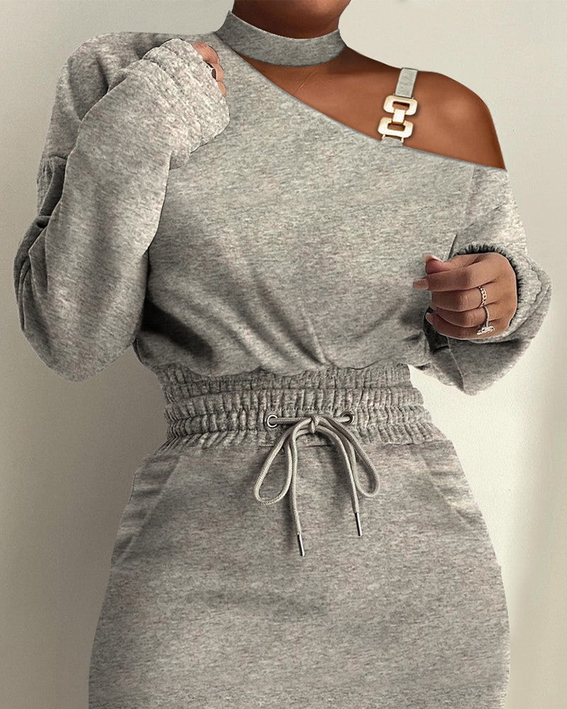Hoobd Chain Strap Cold Shoulder Drawstring Sweatshirt Dress