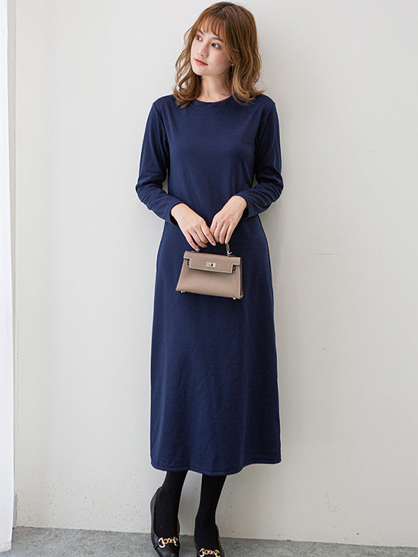 Simple Solid Color Round-Neck A-Line Midi Dress