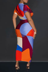 Orange Casual Print Patchwork Slit V Neck Short Sleeve Dress Dresses