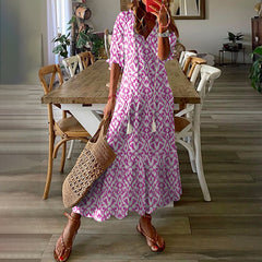 Women'S Half Sleeve Floral Print  V Neck Casual Geometric Maxi Dress