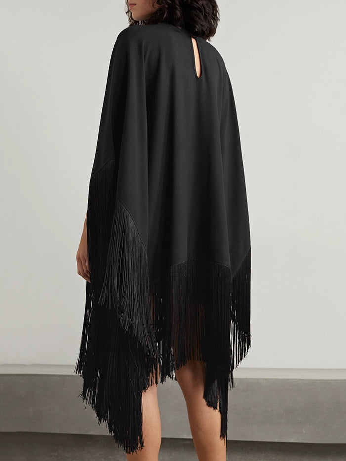 Loose Fringed High Neckline With A Scarf-Like Panel Solid Midi Dresses
