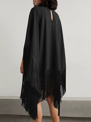 Loose Fringed High Neckline With A Scarf-Like Panel Solid Midi Dresses