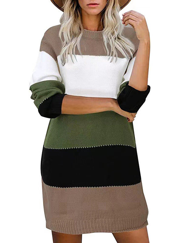 Casual Long Sleeves Contrast Color Round-Neck Sweater Dresses