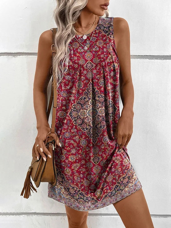 Loose Plus Size Geometric Pleated Printed Split-Joint U-Neck Mini Dresses