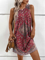 Loose Plus Size Geometric Pleated Printed Split-Joint U-Neck Mini Dresses