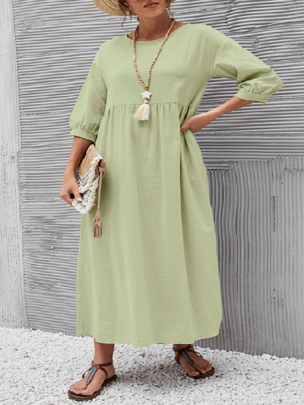 Hoobd11 Colors Simple Round-Neck Solid Color Midi Dress