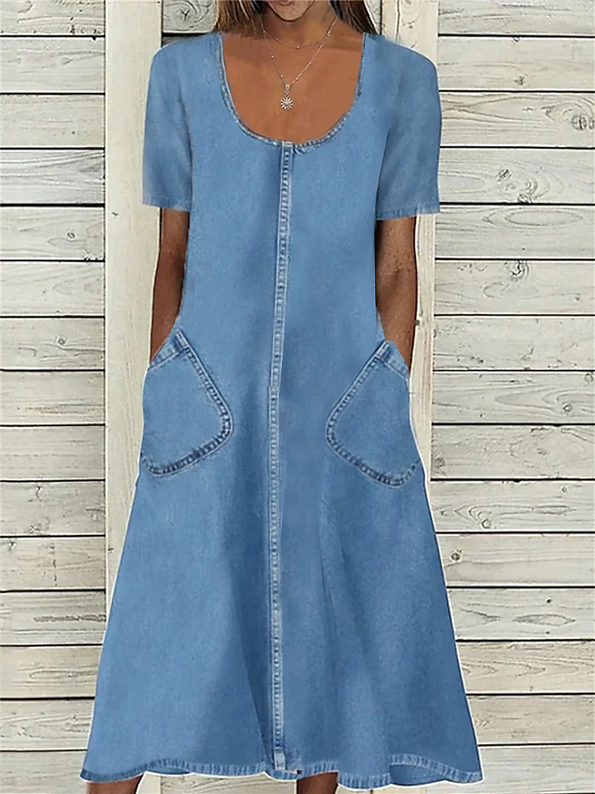 Women's Denim Dress Casual Dress Midi Dress Denim Casual Classic Outdoor Daily Vacation U Neck Pocket Short Sleeve Summer Spring Fall