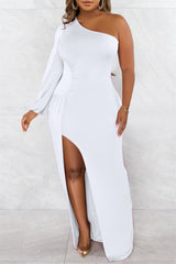 White Sexy Formal Solid Backless Slit Oblique Collar Long Sleeve Dresses