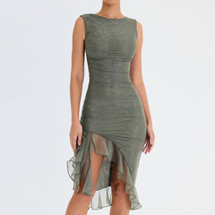 Women's Fashion Mesh Pleated Ruffle Irregular Mid Length Slim Low Back Sleeveless Dress
