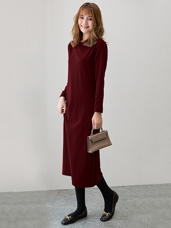 Simple Solid Color Round-Neck A-Line Midi Dress