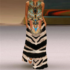 New Women's Long Dress Sleeveless V-Neck Floral Vintage Print Maxi Dresses