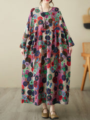 Long Sleeves Loose Flower Print Pockets Split-Joint Round-Neck Midi Dresses