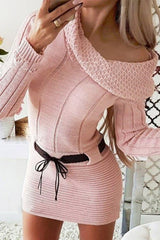Pink Casual Solid Patchwork O Neck Long Sleeve Dresses