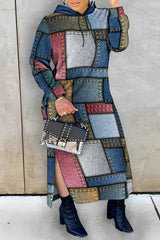 Black Casual Print Patchwork Slit Hooded Collar Long Sleeve Dresses