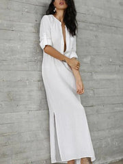 Simple Ramie Cotton Solid Color Split-Side Maxi Dress