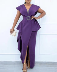 Plus Size Contrast Mesh Split Prom Dress With Belt