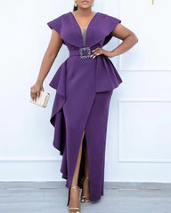 Plus Size Contrast Mesh Split Prom Dress With Belt