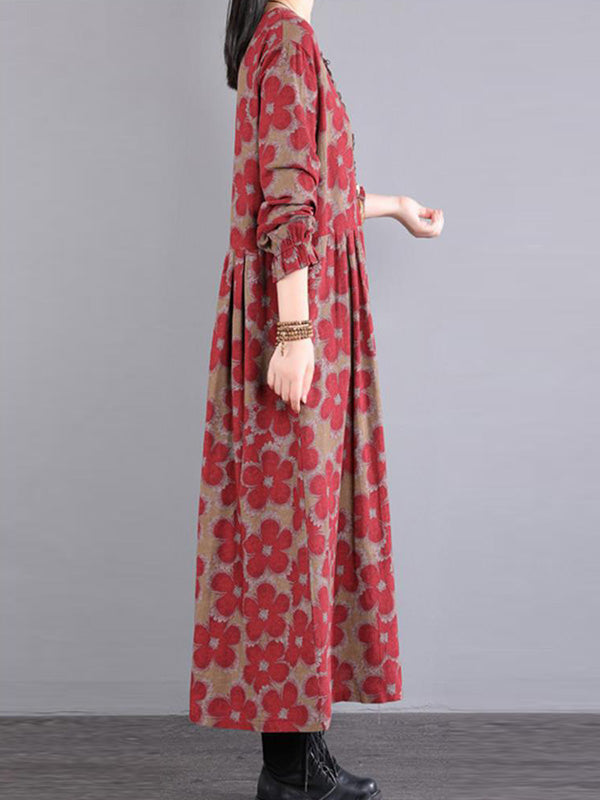 Casual Long Sleeves Loose Floral Printed Round-Neck Midi Dresses