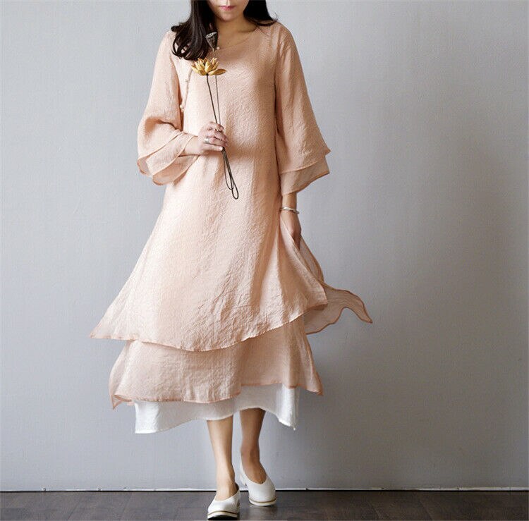 Women's Vintage Chinese classic dress loose solid color long sleeve dress Vintage Chinese classic spring and autumn robe dress