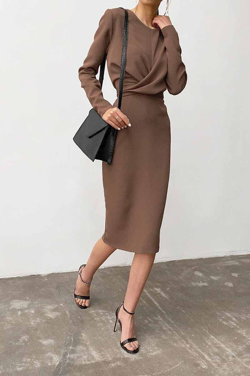 Hoobd Fashion Long Sleeve Waist Midi Dress