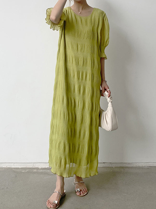 Flared Sleeves Half Sleeves Pleated Solid Color Round-Neck Midi Dresses