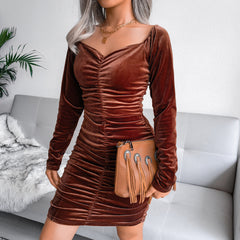 Fashion Square Neck Pleated Velvet Dress