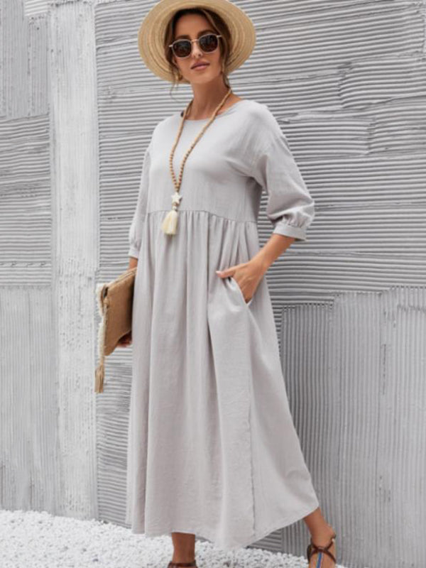 Hoobd11 Colors Simple Round-Neck Solid Color Midi Dress