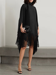 Loose Fringed High Neckline With A Scarf-Like Panel Solid Midi Dresses