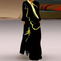 Vintage Abstract Face Printed Long Party Dress Women Robe V-neck Long Sleeve A-Line Dress