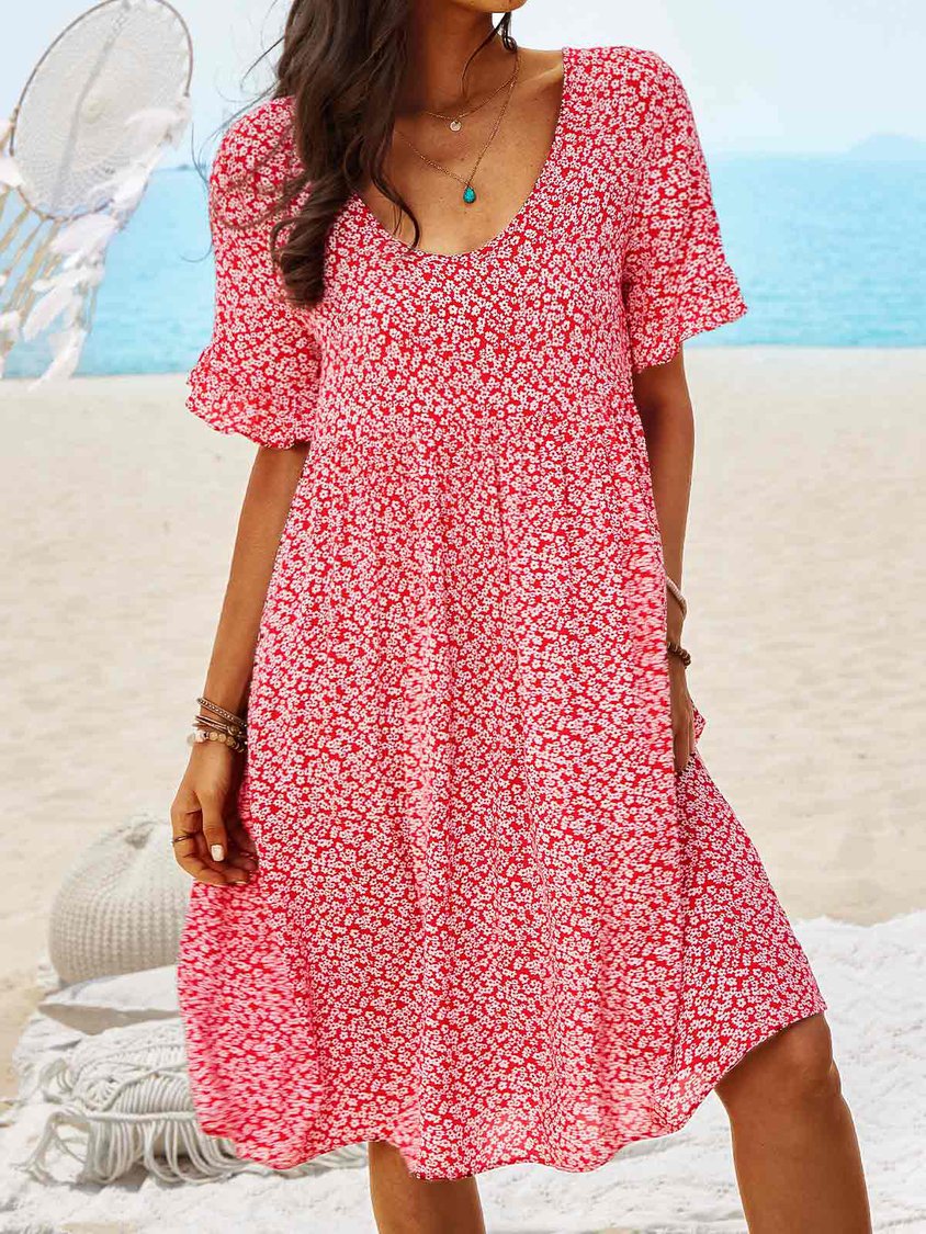 Women Floral Printed Short Sleeve Vintage Boho Weaving Tunic Dress
