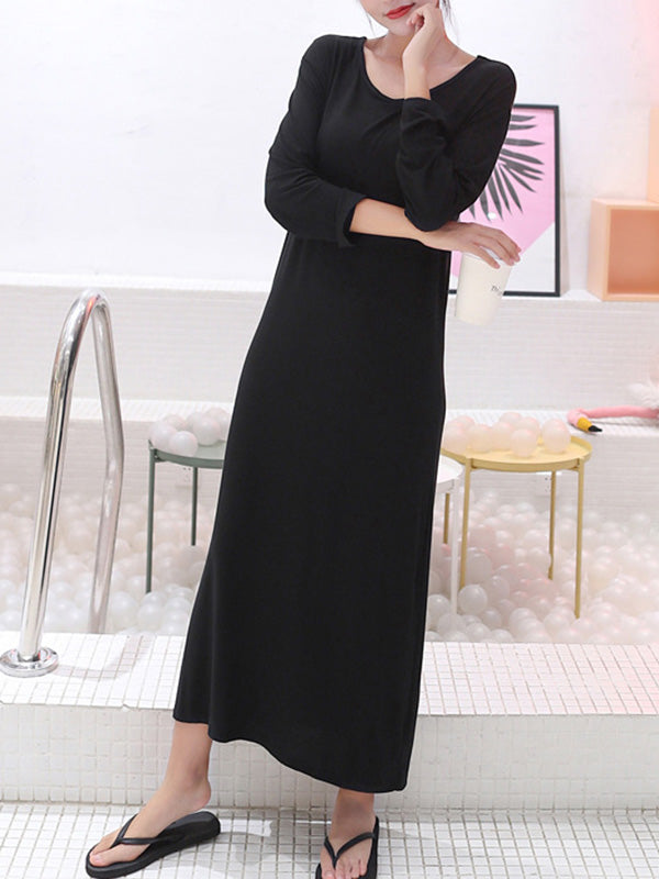 Simple Modal Solid Color Round-Neck Long Sleeves Midi Dress