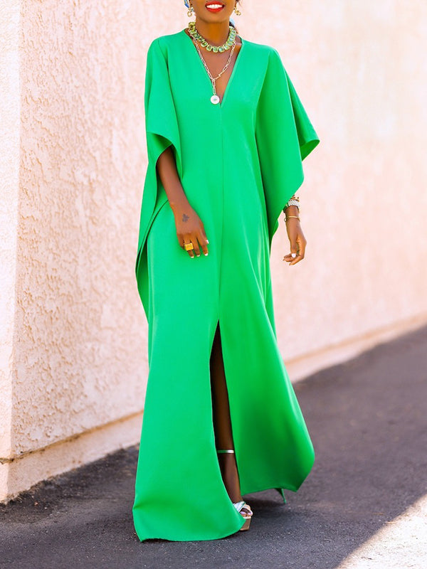 Batwing Sleeves Loose Solid Color Split-Side V-Neck Maxi Dresses