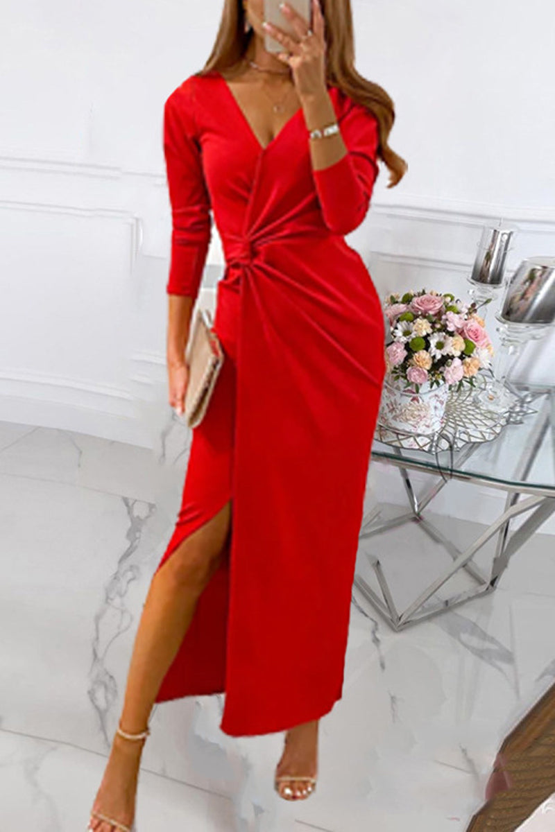 Elegant Solid Slit Fold V Neck Evening Dress