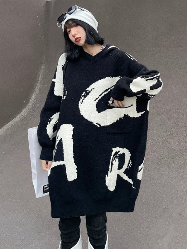 Stylish Selection Loose Hooded Letter Print Mini Dresses Sweater Dresses