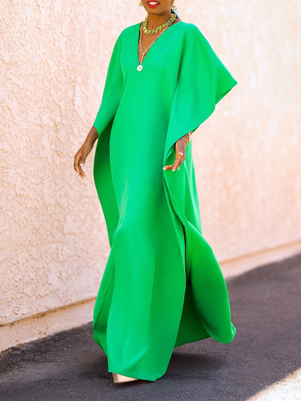 Batwing Sleeves Loose Solid Color Split-Side V-Neck Maxi Dresses