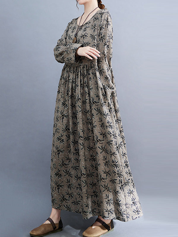 Artistic Retro Long Sleeves Loose Floral Printed Round-Neck Midi Dresses