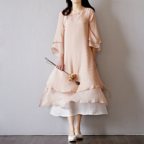 Women's Vintage Chinese classic dress loose solid color long sleeve dress Vintage Chinese classic spring and autumn robe dress