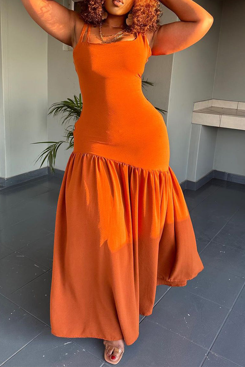 Orange Casual Daily Plain Fold Spaghetti Strap Sleeveless Dress Dresses