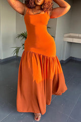 Orange Casual Daily Plain Fold Spaghetti Strap Sleeveless Dress Dresses