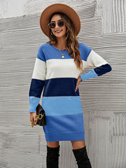 Casual Long Sleeves Contrast Color Round-Neck Sweater Dresses