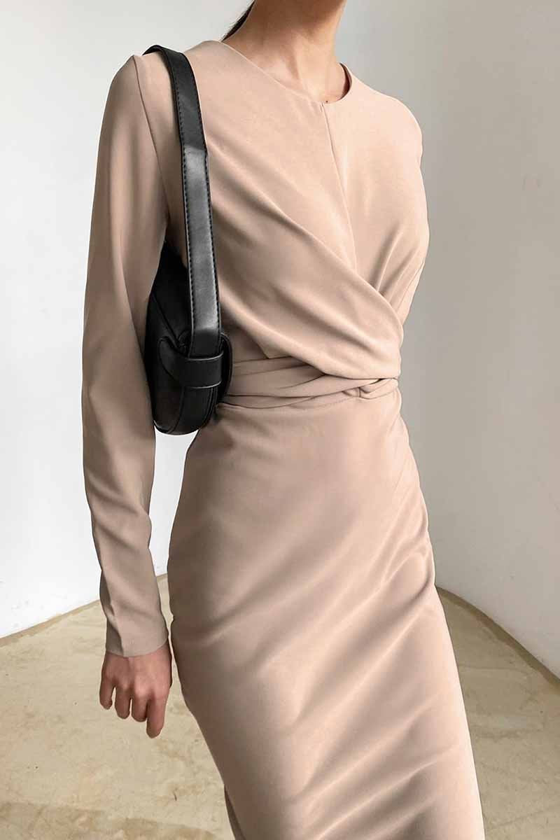 Hoobd Fashion Long Sleeve Waist Midi Dress