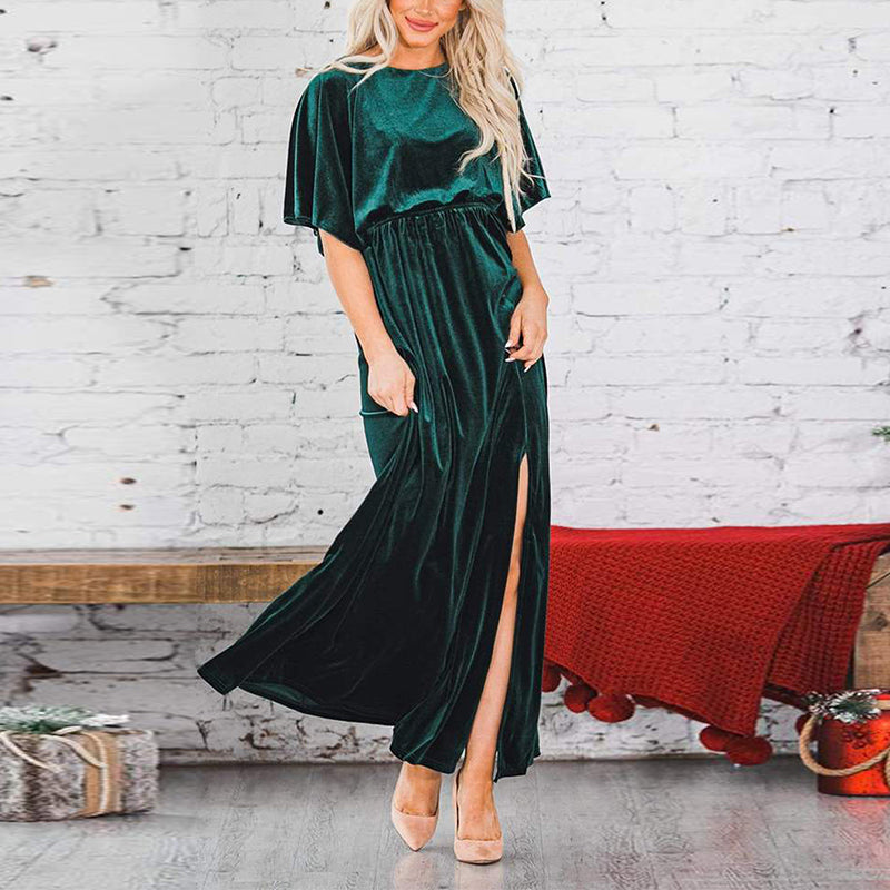 Fashion Velvet Round Neck High Slit Maxi Dresses
