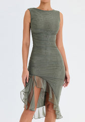 Women's Fashion Mesh Pleated Ruffle Irregular Mid Length Slim Low Back Sleeveless Dress