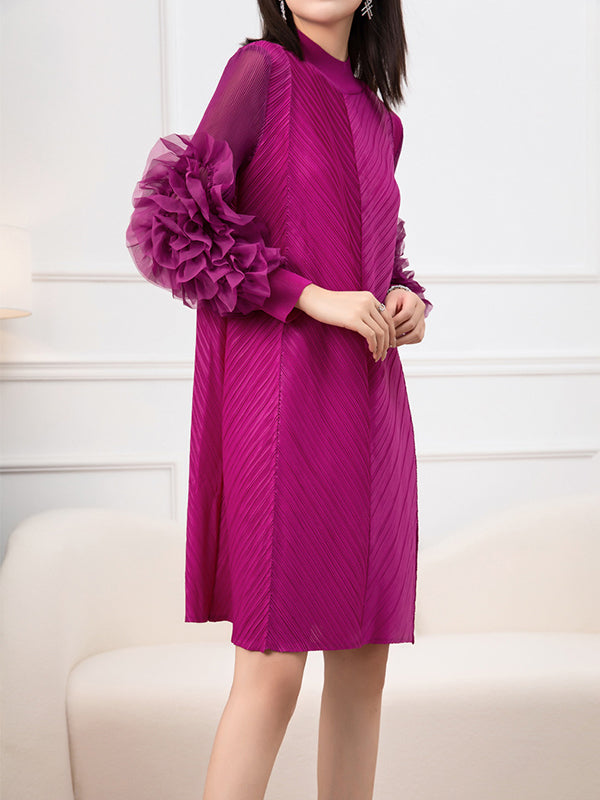 Long Sleeves Loose Embroidered Pleated Solid Color Round-Neck Midi Dresses