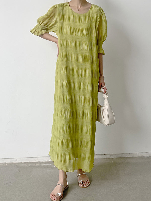 Flared Sleeves Half Sleeves Pleated Solid Color Round-Neck Midi Dresses