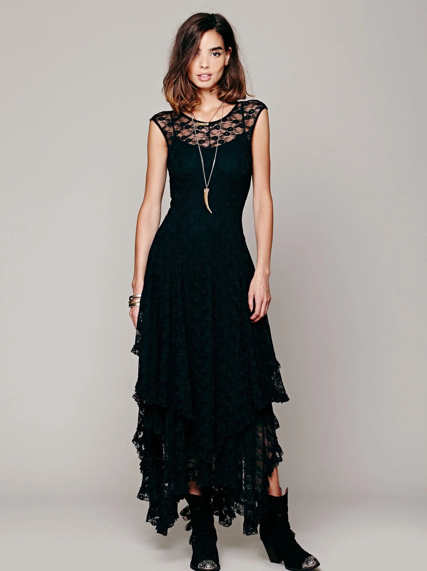 Hot Irregular Lace Skirt Sexy Long Dress Black Dresses