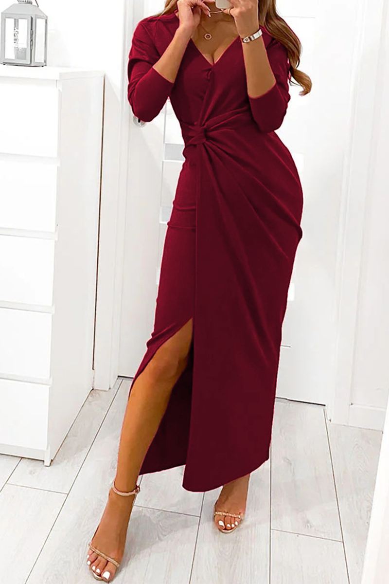 Elegant Solid Slit Fold V Neck Evening Dress