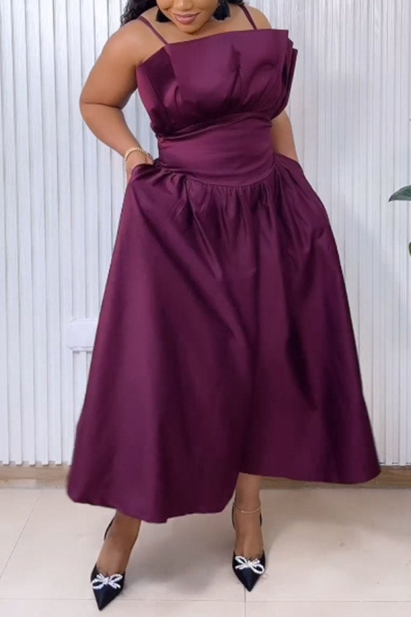 Purple Sweet Daily Party Celebrities Elegant Pocket Solid Color Spaghetti Strap Dresses