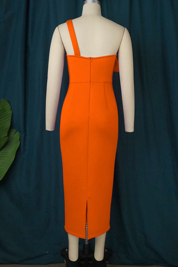 Orange Elegant Solid Patchwork Appliques Oblique Collar Dresses