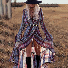 Bohemian Print V Neck Bell Sleeve Maxi Dress